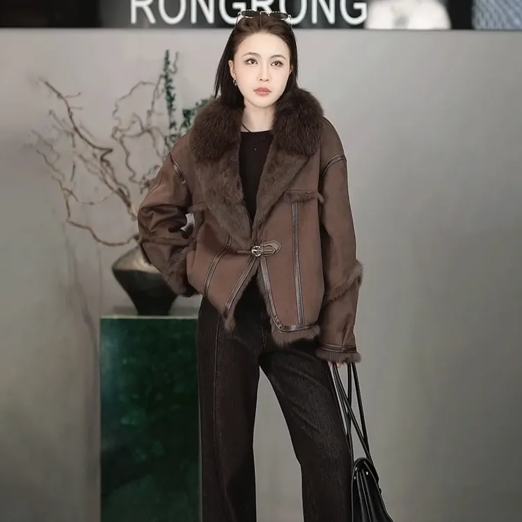 溶溶【山林暮紫】RONGRONG 獭兔毛皮毛一体狐狸毛领外套MYKZ1003