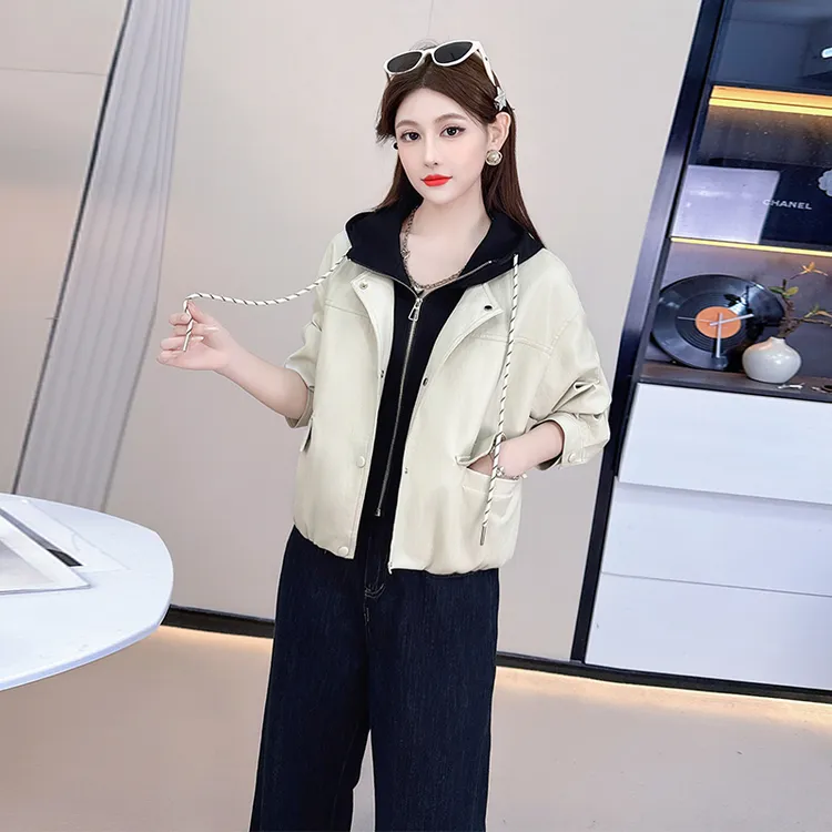 小个子时尚洋气皮外套女2025秋季新款显瘦气质减龄百搭连帽上衣潮
