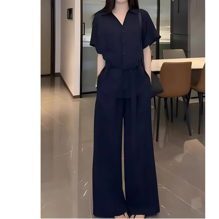 2025新款韩系短袖衬衫套装女夏季轻熟风通勤宽松阔腿裤休闲两件套