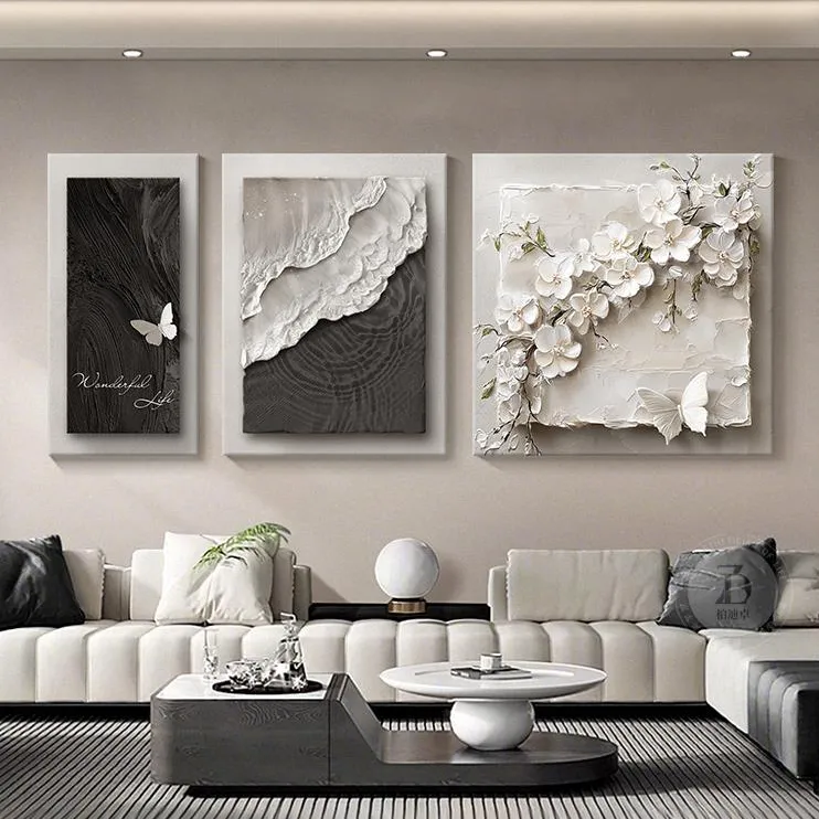 轻奢高级感客厅大白墙装饰画现代简约沙发背景墙挂画花卉三联壁画
