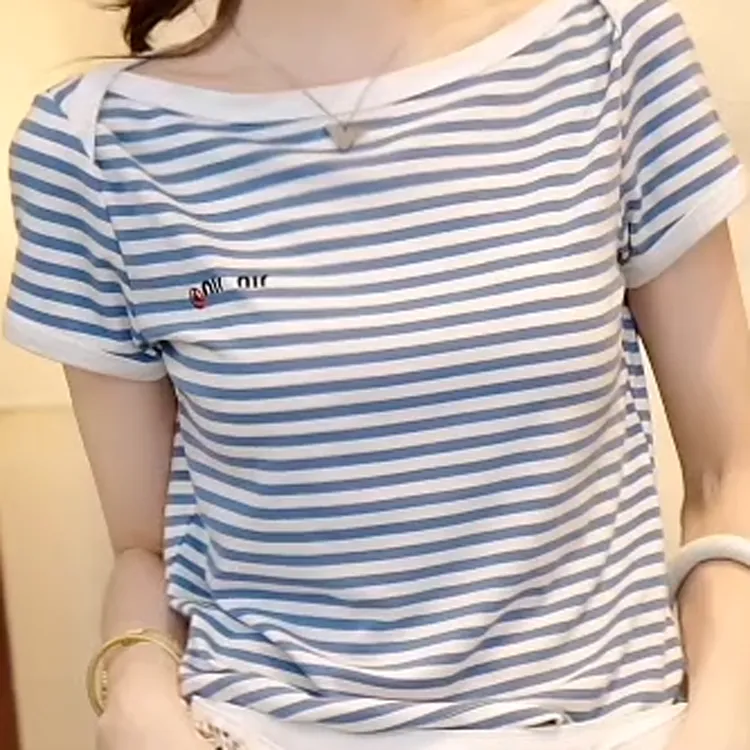 2025夏季蓝白条纹平肩短袖T恤夏日出游装C5176