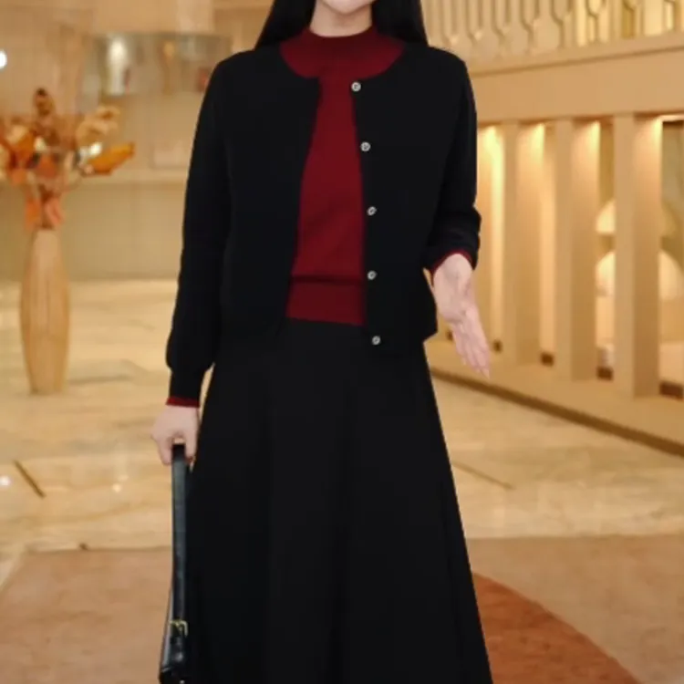 [工厂直销套装]秋冬上新撞色假两件针织上衣高腰半身裙99191+Q26