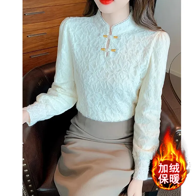 保暖蕾丝打底衫女秋冬加绒加厚新款小衫新中式盘扣长袖女上衣