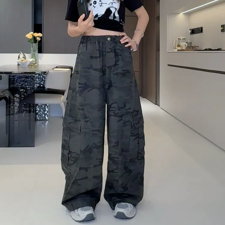 TTY青少年装2025浅秋纯棉侧边设计感大口袋迷彩工装直筒裤278033