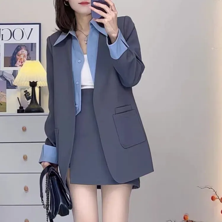 秋冬女装2025新款假两件西装休闲两件套时尚显瘦网红百搭炸街韩版