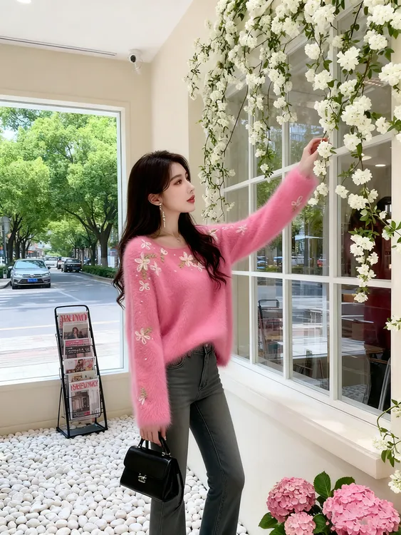 粉色印花毛衣女秋冬2025高端独特漂亮气质减龄小香风毛绒针织上衣