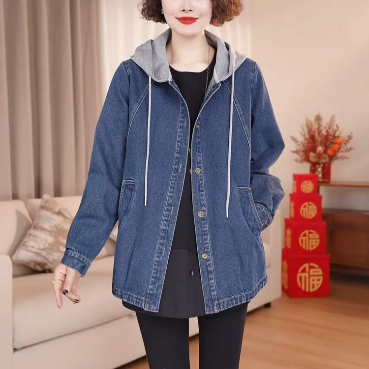 【现货】大码连帽牛仔外套女春秋休闲宽松拼接假两件春装上衣