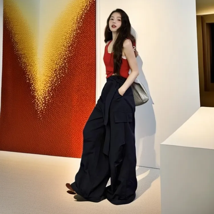 设计感辣妹红色吊带背心上衣女2025夏季高腰百搭阔腿裤子两件套装