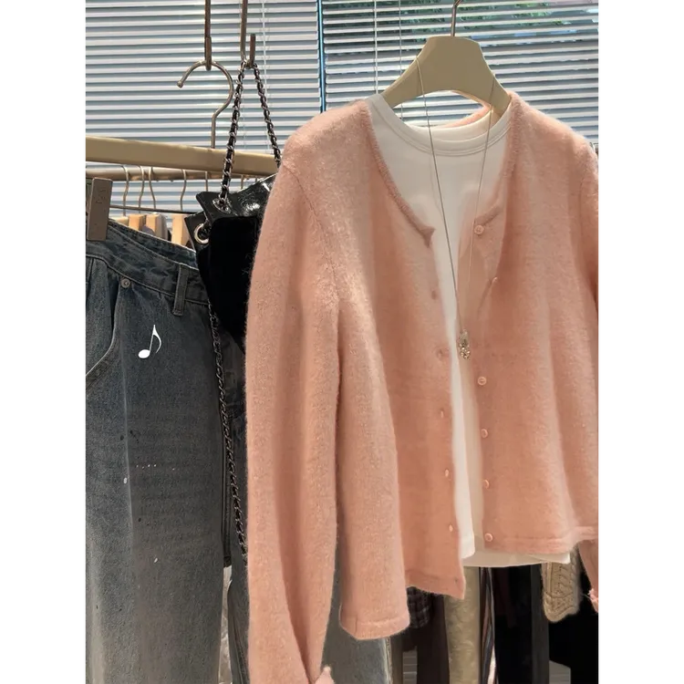 美到没话说！粉色软糯针织衫女2025秋季开衫上衣韩系慵懒百搭毛衣