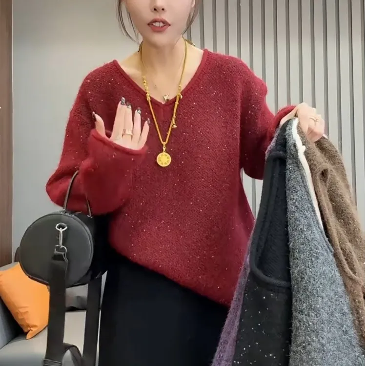针织长袖春秋冬冬季V领毛针织衫打底衫显瘦圆领套头针织长袖上衣