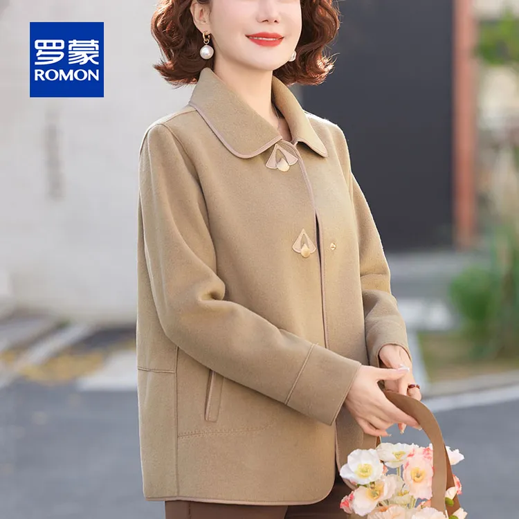 罗蒙气质妈妈春秋装短款毛呢外套女新款时尚宽松中老年呢子上衣