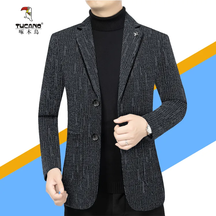 啄木鸟高档春秋季西服外套男士中年休闲商务免烫单件男士修身西服