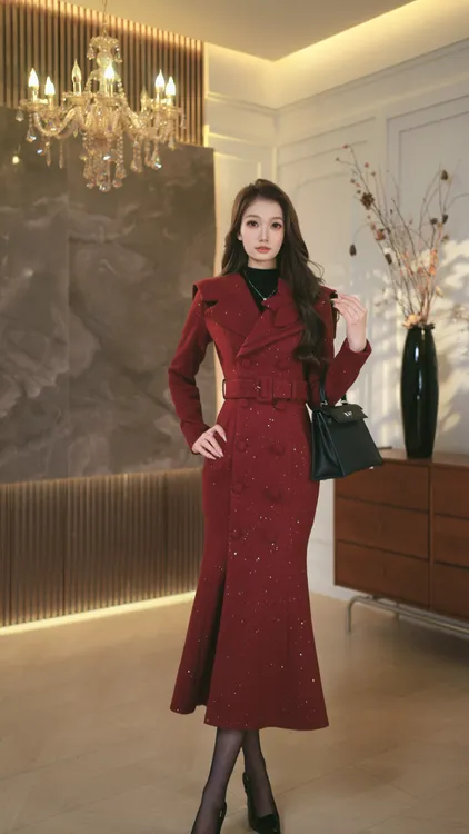 罗曼定制  原创设计红色毛呢大衣外套连衣裙修身长款鱼尾裙冬季