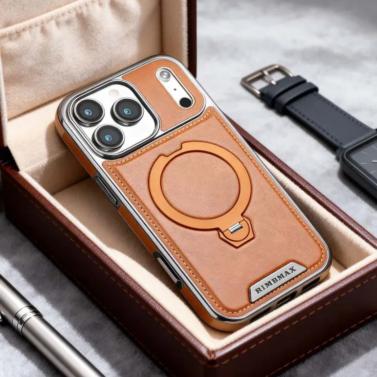 新款适用苹果17ProMax真皮手机壳皮革全包磁吸支架防摔高档简约壳