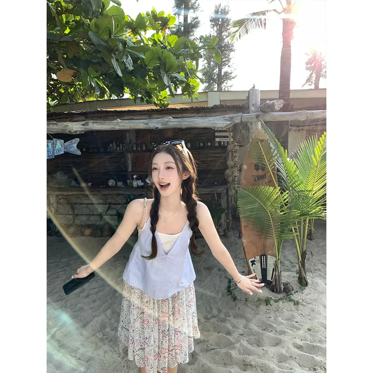 2025夏季新款甜美气质蓝色假两件小众吊带上衣彩绘卡通半身裙套装