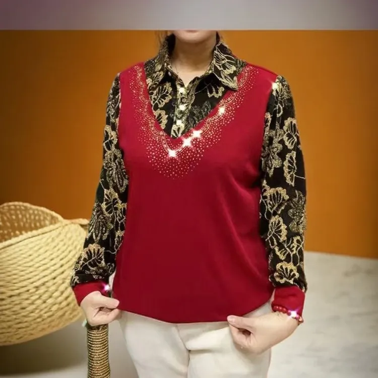 大码烫金花色假两件妈妈衬衫2025春季新款时尚polo禅意气质款女装