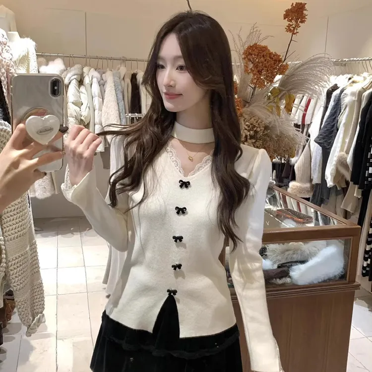 V领蕾丝边气质挂脖针织衫女设计感小众毛衣打底衫蝴蝶结上衣G6-70