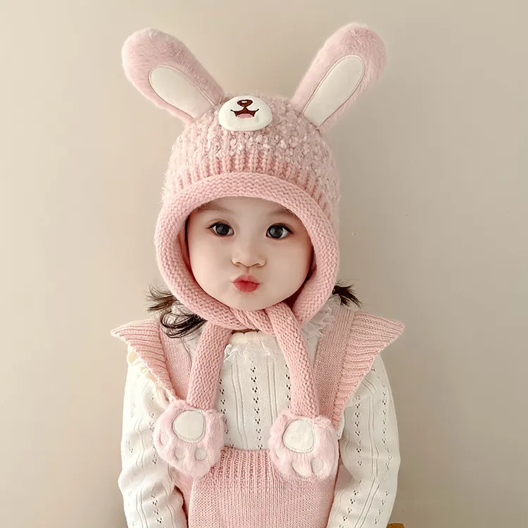 儿童帽子秋冬新款宝宝毛绒婴儿围巾一体保暖护耳帽男童女童针织帽