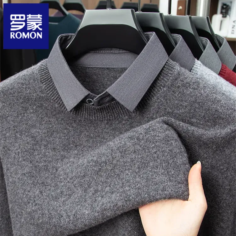 罗蒙100%绵羊毛假两件翻领毛衣加厚宽松保暖时尚男装长袖针织衫