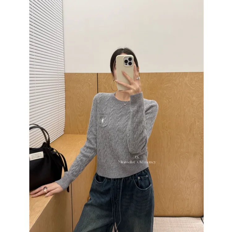 【马佳敏专属】复古老钱风全羊毛麻花针织衫女秋冬简约百搭圆领高级感上衣8023