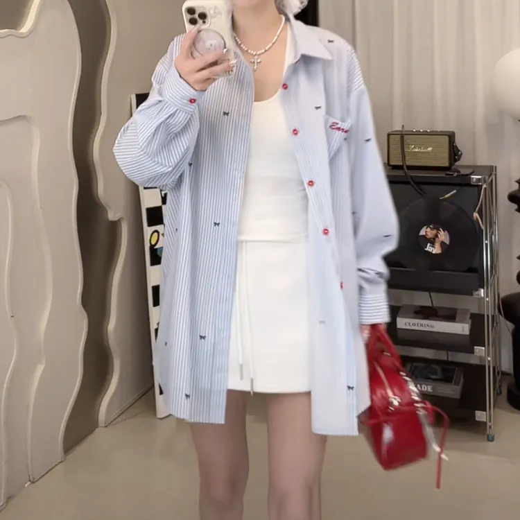 蓝红条纹蝴蝶结长袖衬衫2025夏季新款漂亮百搭时尚小衫气质设计感