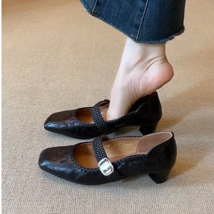 超软小羊皮~时尚方头玛丽珍鞋女配裙子法式绝美不累脚通勤单鞋子