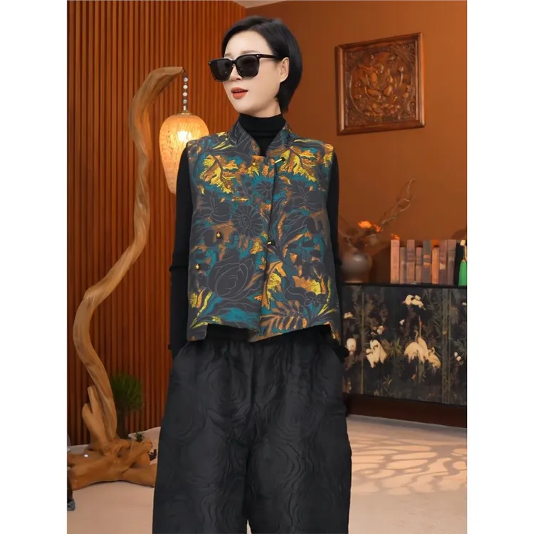 新中式国风宋锦提花缎上衣2025秋季新款覆古立领高端盘扣织锦马甲