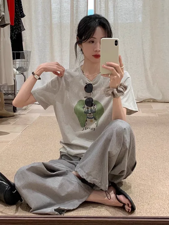 【青霖】韩系夏季时尚花灰色印花T恤上衣高腰灰色休闲松弛长裤套装
