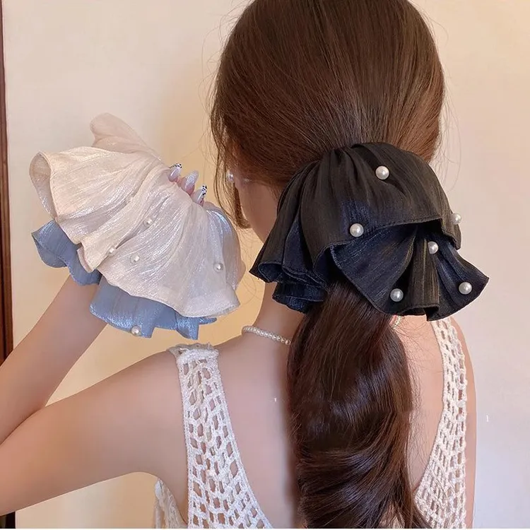 超仙网红款珍珠网纱大肠发圈褶皱纹理马尾头花发绳高级感头绳头饰