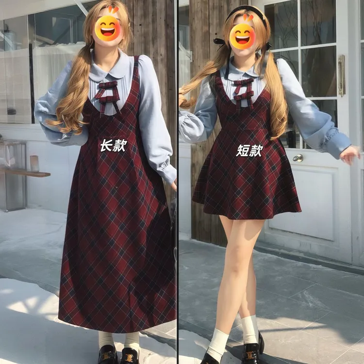 大码女装新款呢料格纹假两件连衣裙女秋冬微胖mm显瘦遮肉A字裙子