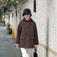 （YY推荐）棕调漫步 休闲百搭女士连帽毛呢短款时尚秋冬外套