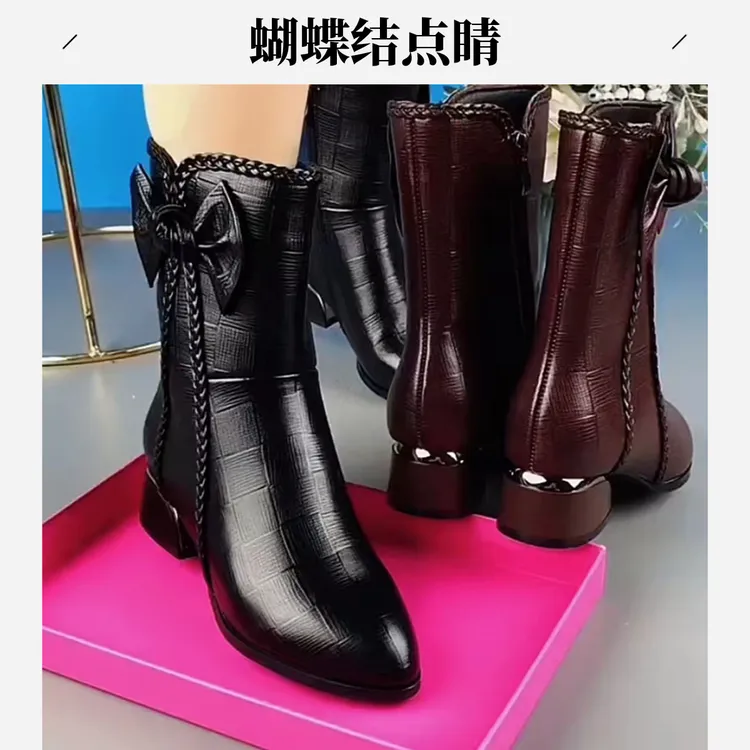 真皮短靴女2025冬季新款粗跟软底加绒中筒女靴子蝴蝶结尖头马丁靴