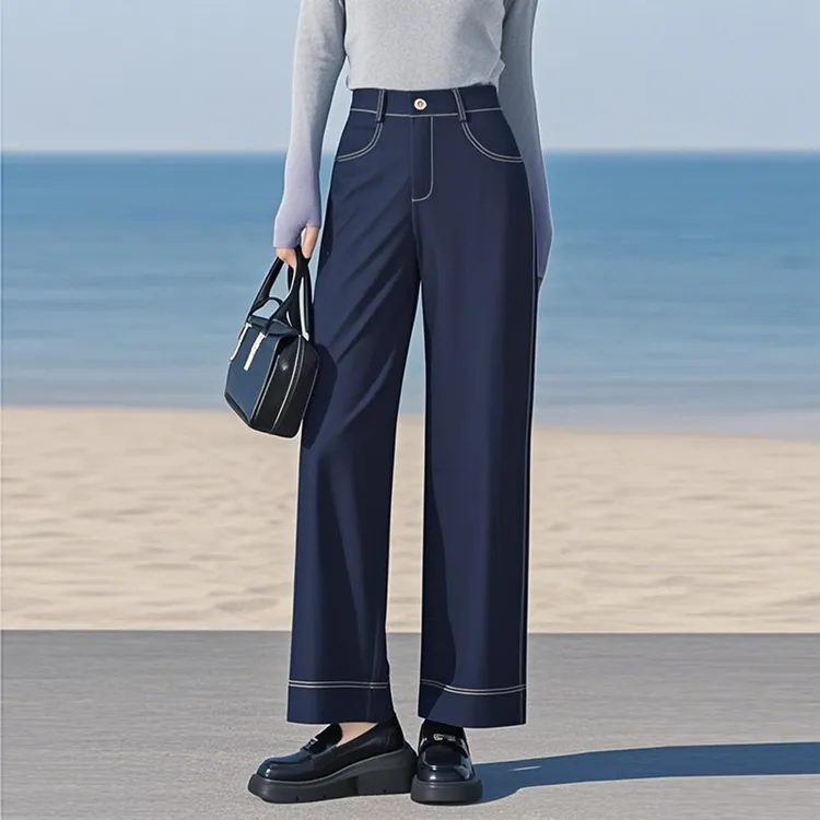 丹宁蓝窄版牛仔阔腿裤女裤2025年春夏新品宽松显瘦显高时尚直筒裤