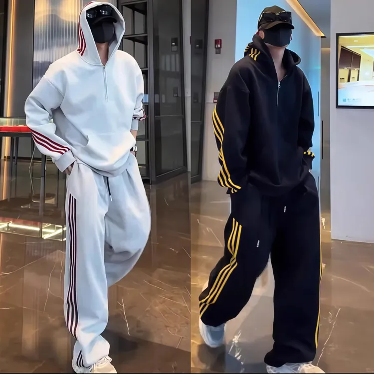 金先生半拉链经典三条杠连帽卫衣休闲套装秋季潮流宽松卫裤两件套