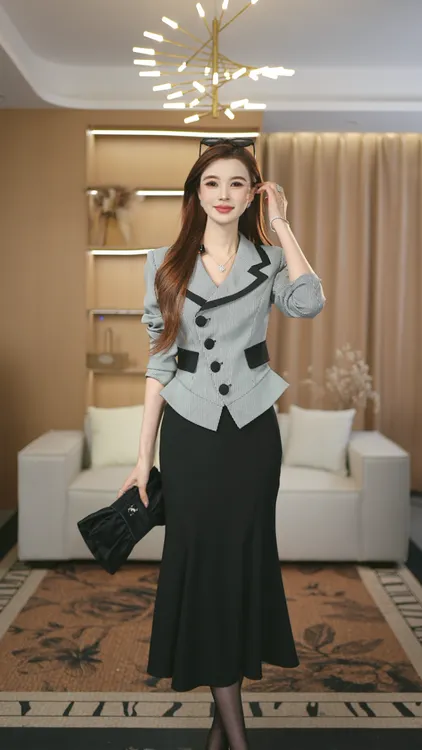 罗曼定制 高定原创格子气质长袖收腰秋季上衣+鱼尾裙套装女2025