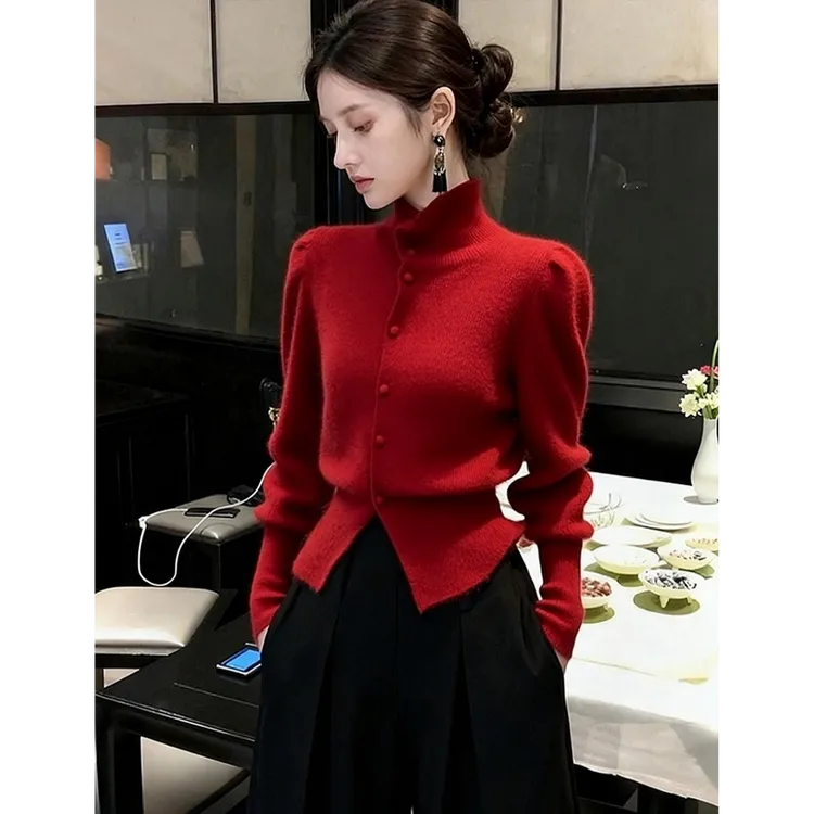 秋季掐腰高领毛衣巨好看内搭高端轻熟气质法式小香风红色针织衫女