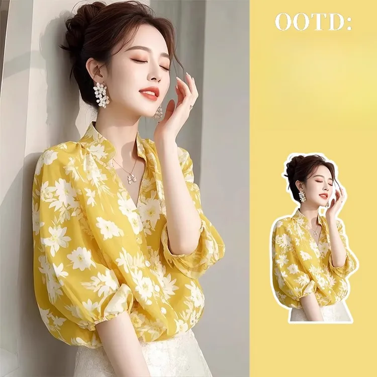 超好看黄色碎花衬衫女2025年夏季新款高级感独特别致洋气减龄衬衣