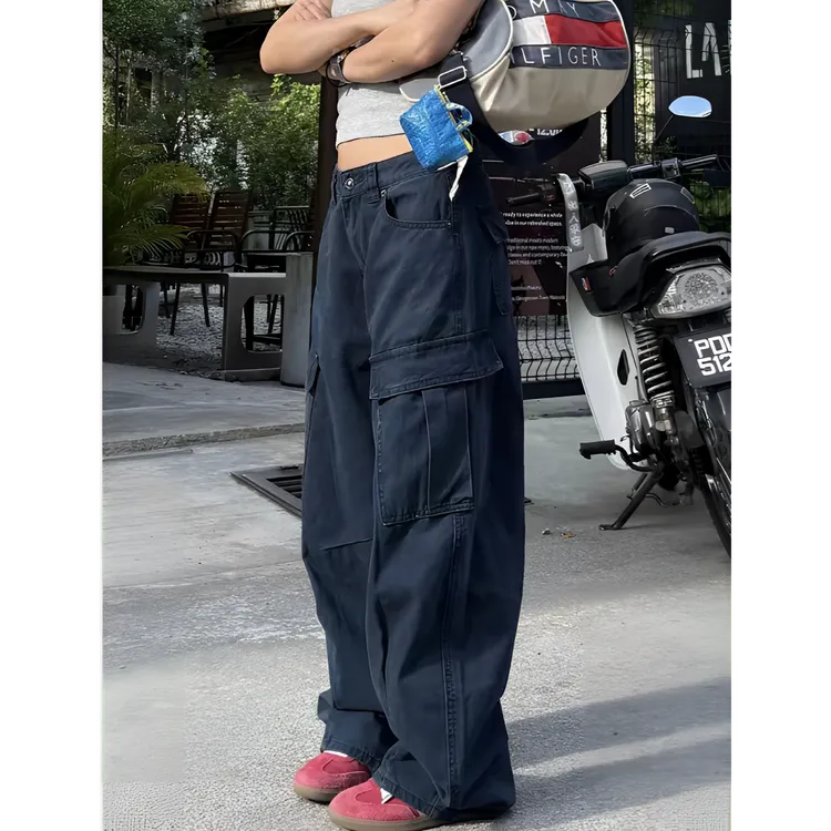 美式复古高街多口袋直筒工装裤夏季直筒宽松阔腿裤休闲裤女