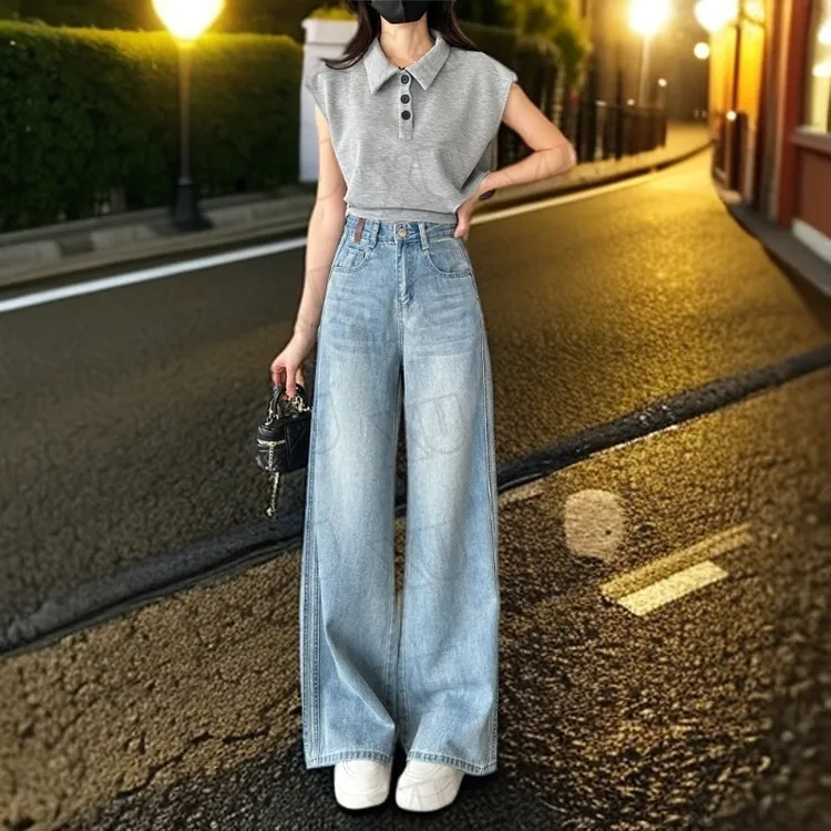 春季高腰显瘦宽松裤子云蓝感阔腿牛仔裤女垂感女生阔腿裤夏季女士