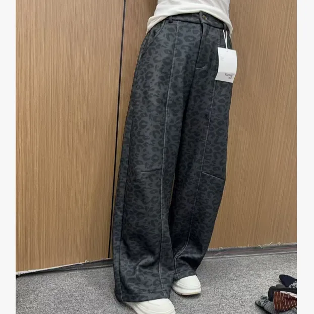 【依·恋】6698#裤长102加绒加厚豹纹阔腿裤秋冬高腰休闲裤