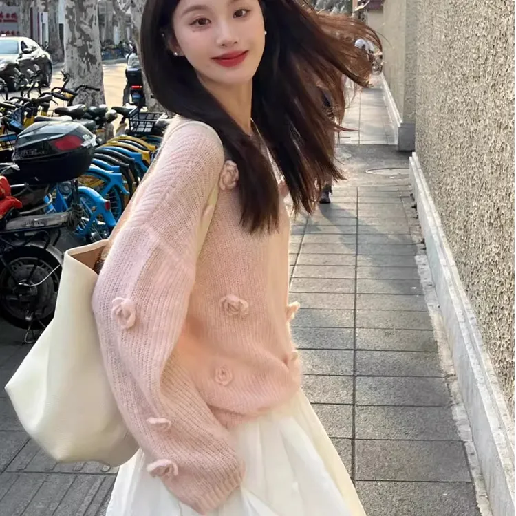 法式粉色软糯温柔风针织衫上衣宽松2025春秋季新款针织毛衣女罩衫
