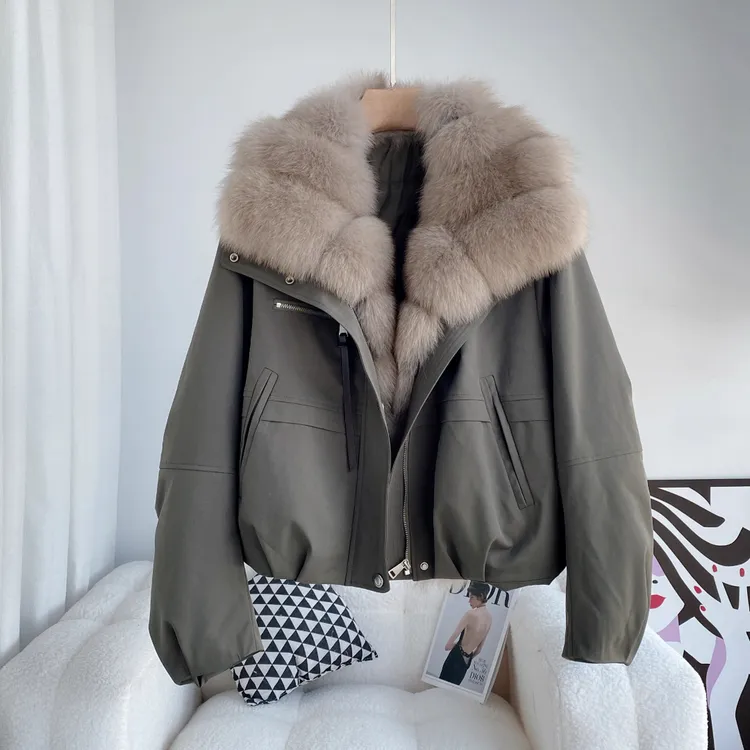 高级感仿狐狸毛皮草派克服女短2025冬季新款大码显瘦时尚工装棉服