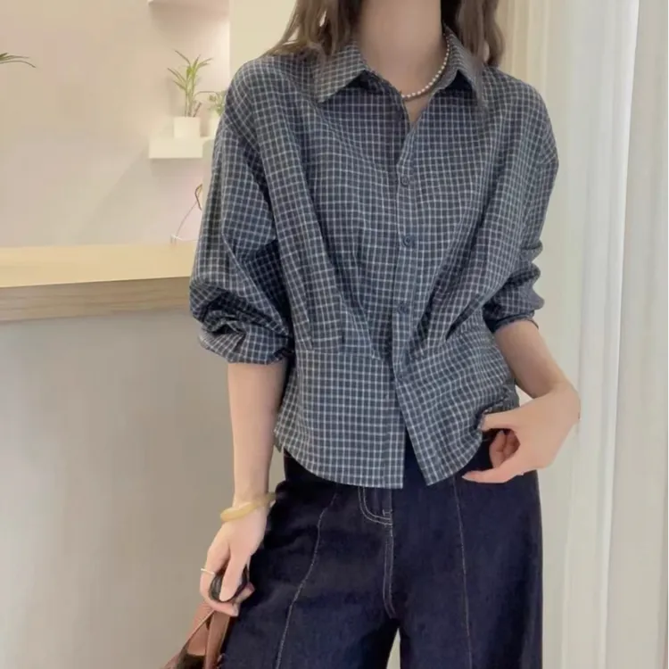 2025秋新品收腰格子衬衫女韩系宽松设计感上衣潮款格子衬衫9958