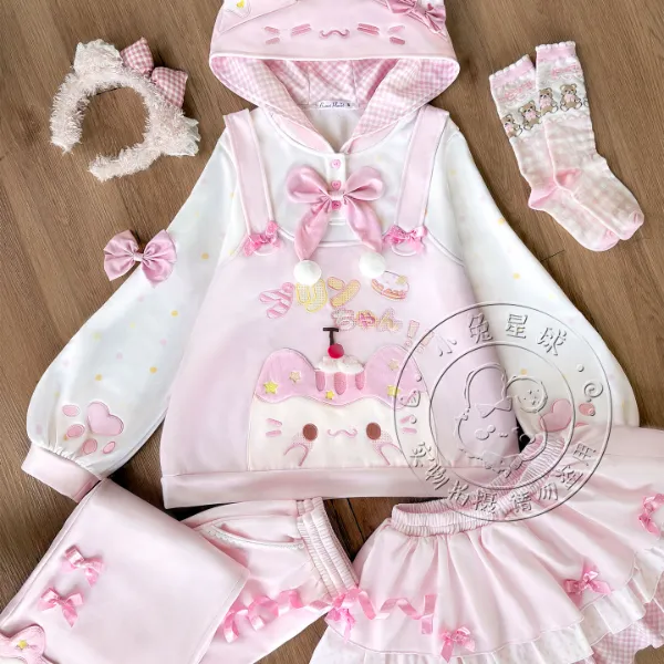 【小兔星球】草莓布丁喵连帽卫衣加绒长裤短裙冬季软妹女儿服可爱萌