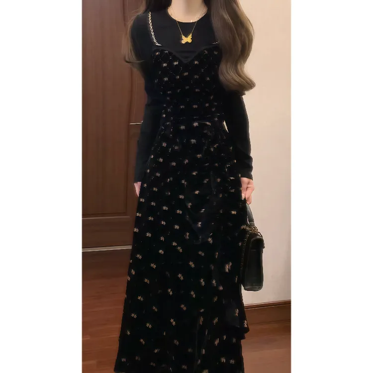 【墨蝶舞步】秋冬黑色假两件长袖内搭上衣+碎花半身裙两件套装9825