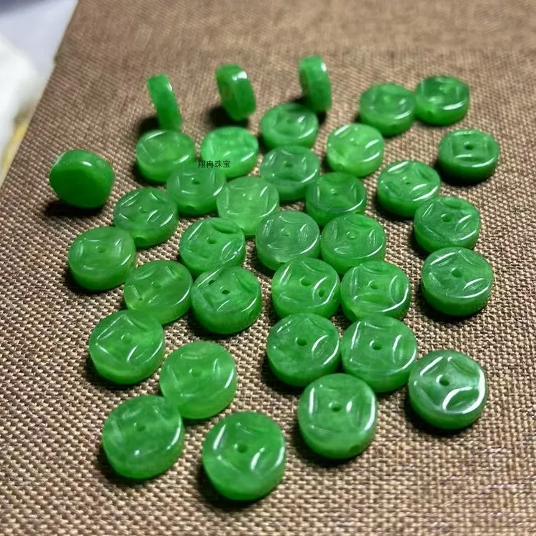 翡翠散珠铁龙生干青厚金钱金钱扣小铜钱diy玉钱玉扣满绿配饰缅甸