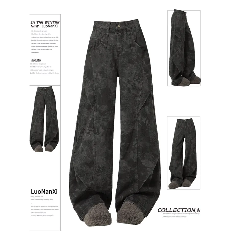 特大码美式印花工装牛仔裤冬季加绒胖mm高腰显瘦梨形身材阔腿裤子