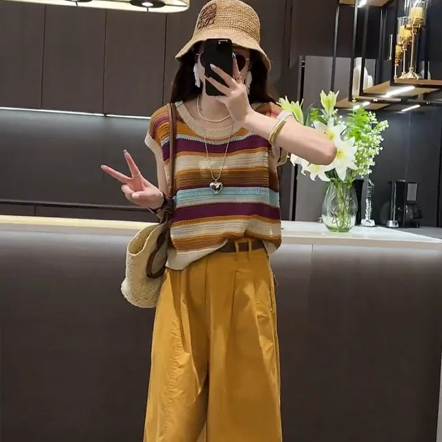 减龄搭配一整套夏装条纹针织背心阔腿裤两件套小个子显高时尚套装