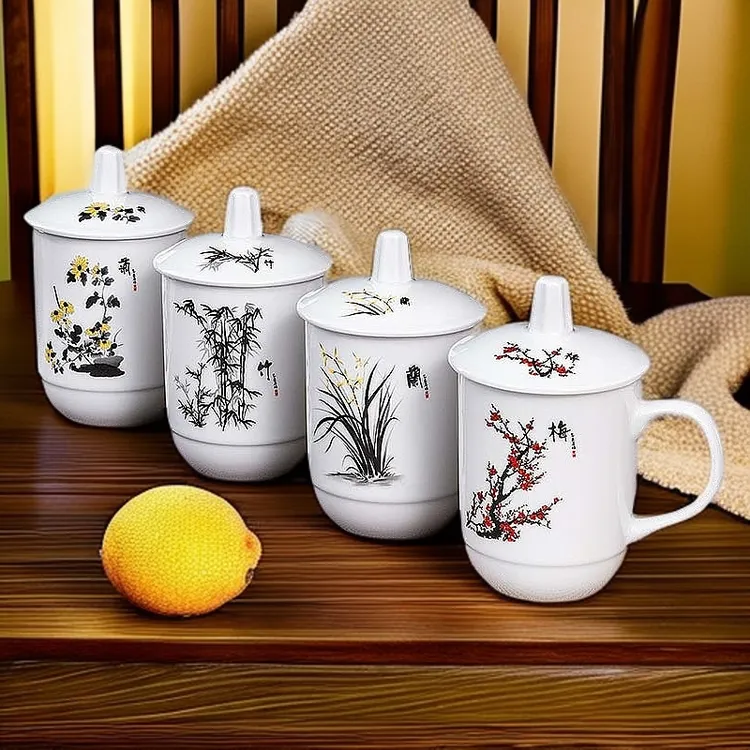 梅兰竹菊茶杯陶瓷办公室会议杯家用茶碗带盖水杯马克杯棋牌室杯子
