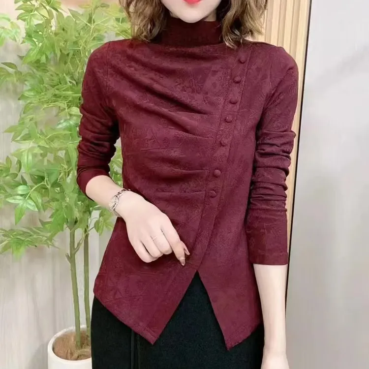 纯色提花半高领斜排扣长袖打底2秋冬一体绒修身显瘦气质女士7999